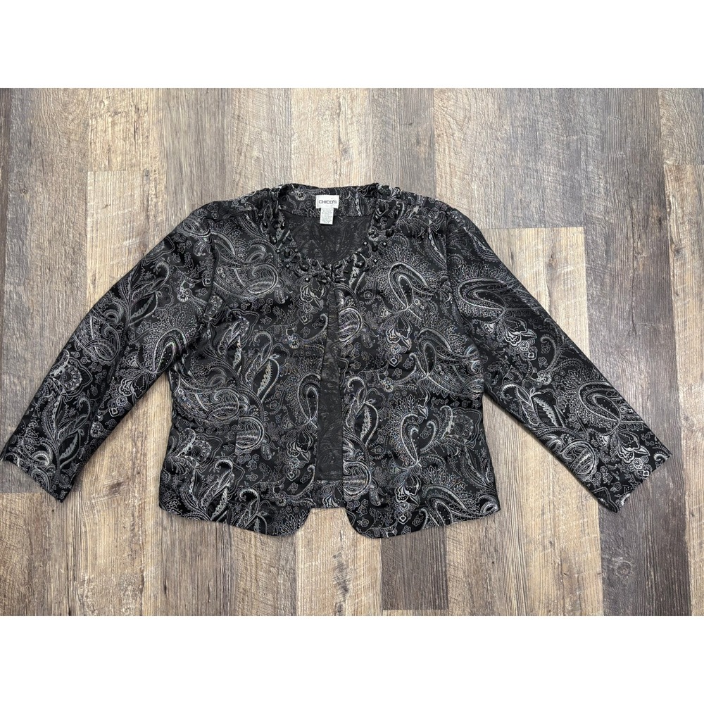 Chicos Black Silver Paisley Beaded Evening Jacket‎ Metallic Jacquard Size 3 XL